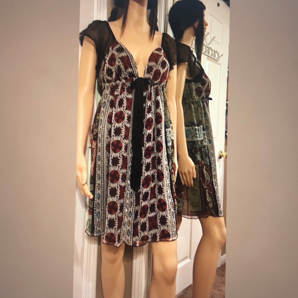 SIN LADIES BLK/BGE SILK CAP SLV DAY DRESS SZ M